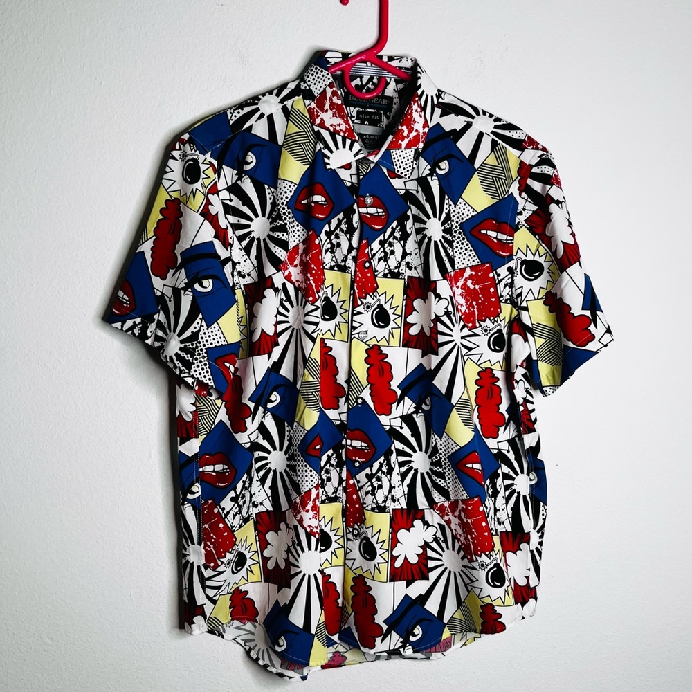 Blue Gear Hawaiian Shirt XL Abstract Lips And Eyes Aloha Tropical Vaporwave